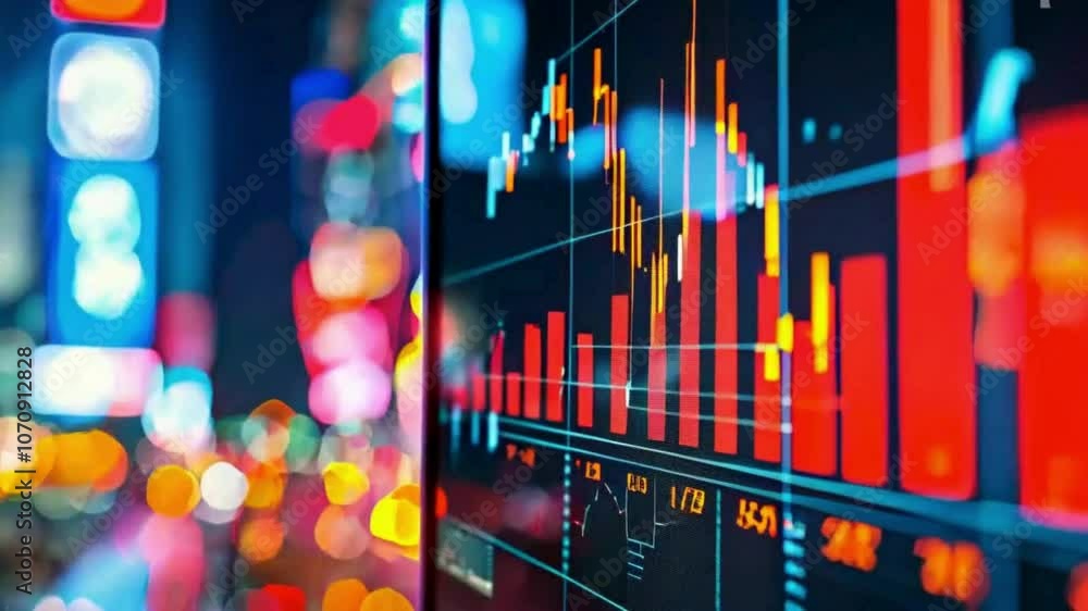 Poster a digital display showing stock market graphs and data