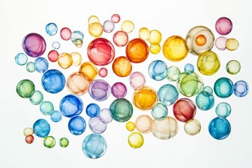 Colorful translucent spheres scattered on white background.