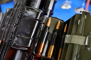 Ammunition presented by an arms manufacturer at an exhibition where the latest technologies in the field are presented to the public and those present. Arms industry