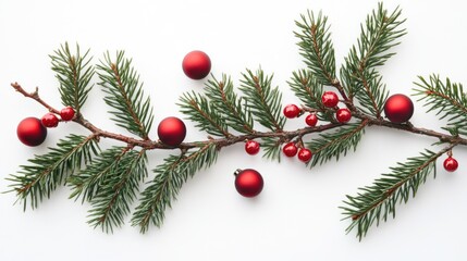 A decorative branch from a Christmas tree with red ornaments, ideal for holiday decorations or seasonal themes