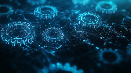 Obraz premium Abstract Blue Glowing Gears Network Technology Background