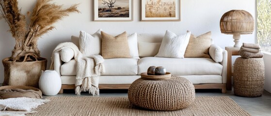 Cozy living room with neutral tones and natural textures for a serene atmosphere.