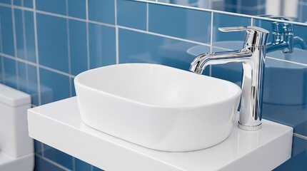 Fototapeta premium Modern Bathroom Sink with Chrome Faucet and Blue Tiles: Design Inspiration