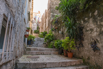 Narrow street in the old medieval town of mediterranean country with lot of flowers
