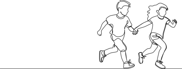 continuous single line drawing of girl and boy running hand in hand, line art vector illustration