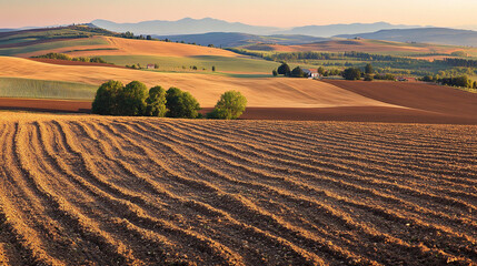 Rural Landscape with Ploughed Fields and Rolling Hills at Sunset
