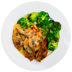 Fried chicken fillet served on plate with broccoli. Hearty healthy lunch. Isolated over white background