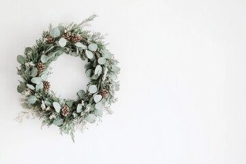 minimalistic wreath made of eucalyptus, dried flowers, and natural fibers, hung on a clean white wall, minimal background with copy space