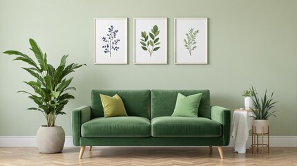 Modern Living Room Decor with Green Sofa and Plants - Interior Design Inspiration