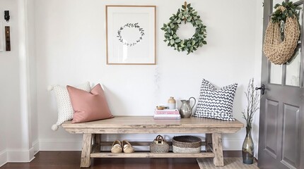 Modern Farmhouse Entryway Decor: Rustic Bench, Greenery & Neutral Colors