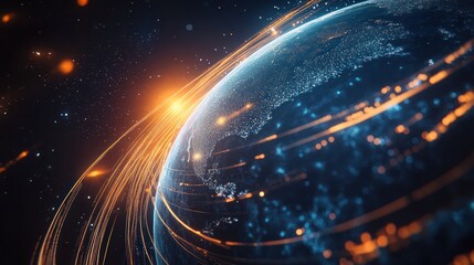 Abstract Planet in Space with Dynamic Light Trails - Futuristic Global Network Connection Concept