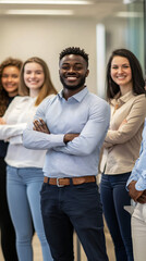 Obraz premium Varied group of professionals stand in an office, smiling with their arms crossed