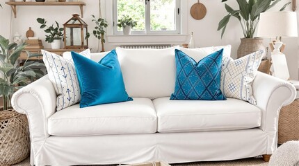 White Sofa with Blue Pillows - Modern and Cozy Living Room Decor