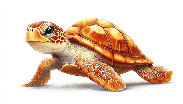 A gentle sea turtle with a detailed shell pattern, swimming gracefully illustration isolate white background