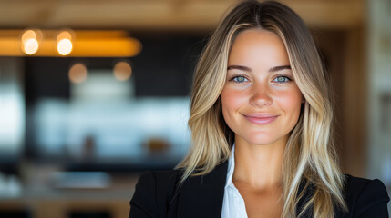 Fototapeta premium Young woman smiles warmly, looking directly at the camera.