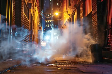 Obraz premium A city street scene at night with thick smoke rising from unknown origin