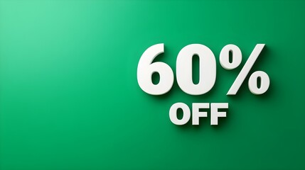 White '60% OFF' Promotional Sign on a Green Background with Copy Space