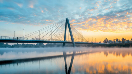 Obraz premium A stunningly modern bridge connecting two cities, surrounded by morning fog, creating a dramatic and serene scene