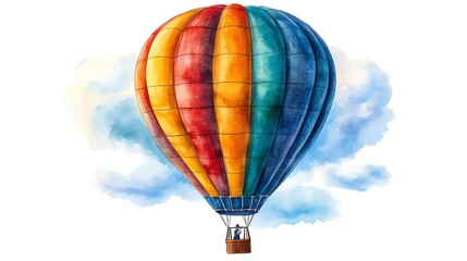 Fototapeta premium Colorful hot air balloon floating in sky fluffy clouds bright cheerful tones playful mood illustration isolate white background