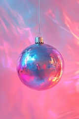 Fototapeta premium Colorful disco ball hanging, pastel background, soft lighting, glossy reflections, pop art style, playful holiday theme