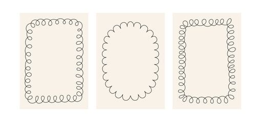 Set of abstract quirky linear frames. Vector greeting card templates with doodle elements. Whimsical borders for holiday birthday cards, posters and invitations