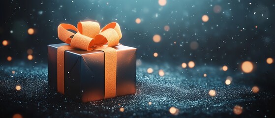 A beautifully wrapped gift box with an orange ribbon, set against a sparkling blue background, perfect for celebrations and holidays.