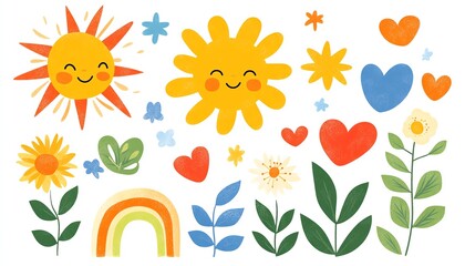 Cute illustrations of sun, stars, plants, hearts, and rainbows, playful style isolate white background