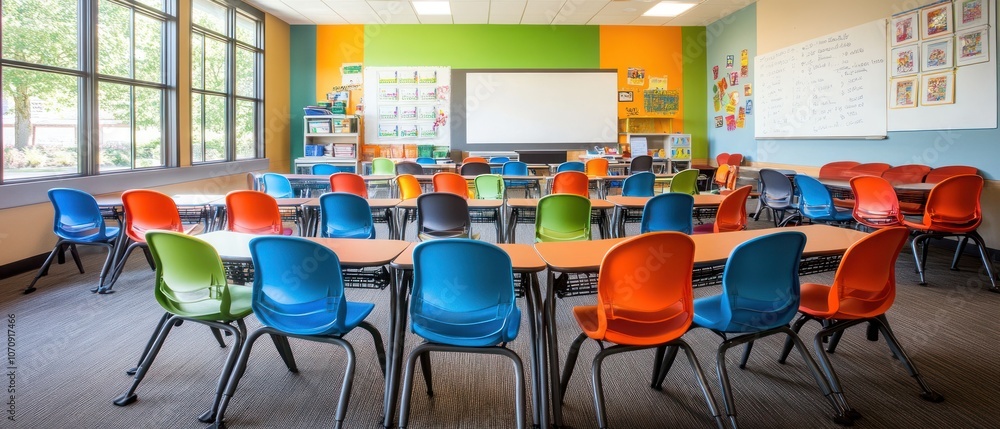 Aufkleber a colorful classroom with chairs and tables arranged for learning activities.