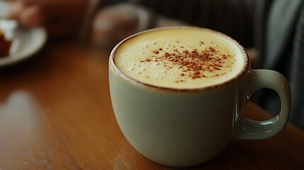 A frothy chai latte topped with a sprinkle of cinnamon, in a cozy caf&eacute; atmosphere