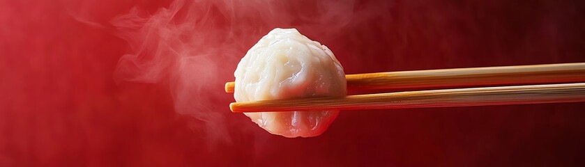 Dumpling held by chopsticks, rich red background, dramatic lighting, detailed texture, appetizing and cultural, food closeup