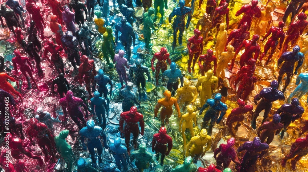 Poster a vibrant array of colorful miniature figures arranged in a striking pattern.