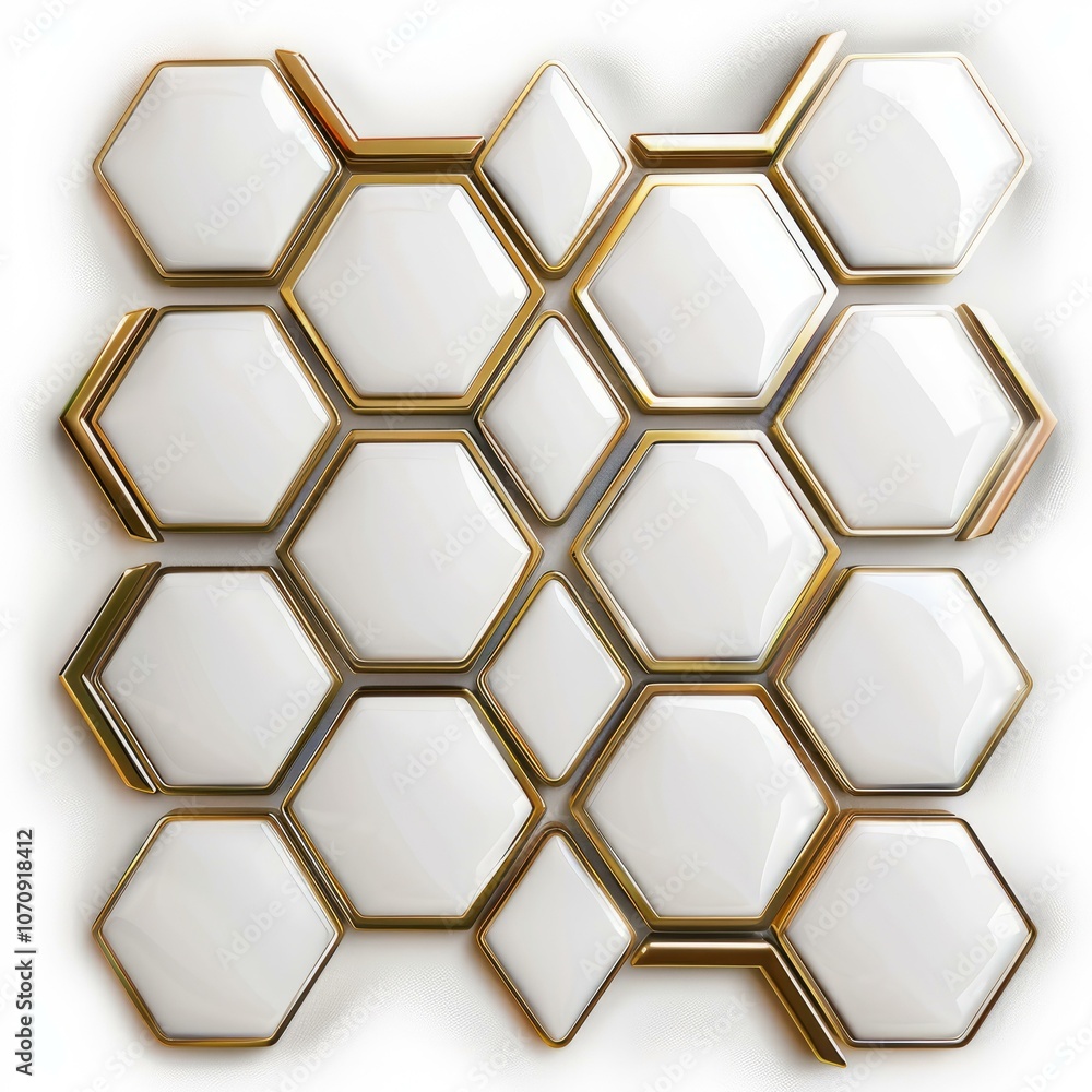 Poster white glossy hexagonal tiles with golden edges creating an abstract honeycomb pattern on a white bac