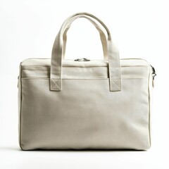 A beige leather bag with two handles.