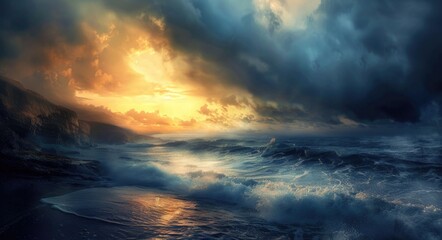 Coast Dark. Sunset Over Cliffs with Stunning Sea and Sky Landscape View