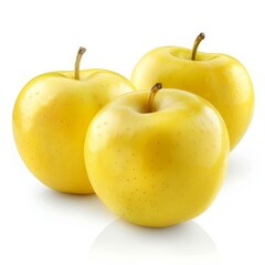 Three whole yellow apples with stems are sitting on a bright white surface