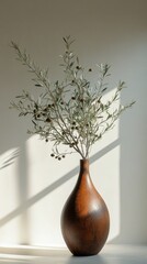 An olive branch arrangement in a rustic vase against a softly lit background