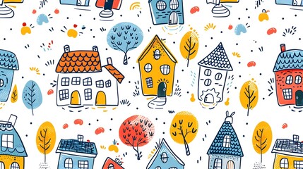 Hand-drawn houses and trees pattern in playful colors on a white background. Whimsical design suitable for children's decor and playful textiles. Design for home-themed illustrations and storybooks.