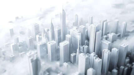 Obraz premium Skyscrapers in the clouds, cityscape, skyline, white background, futuristic architecture, city of the future