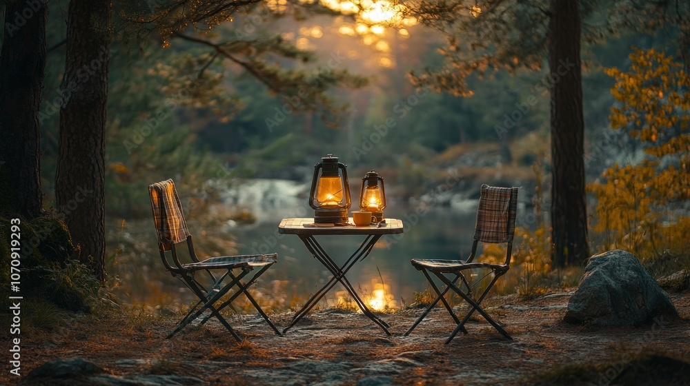 Poster a rustic table setting with two chairs and two lanterns, set up in a clearing in the forest, with a 