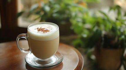 A frothy coconut chai latte with spices, in a cozy caf&eacute; atmosphere