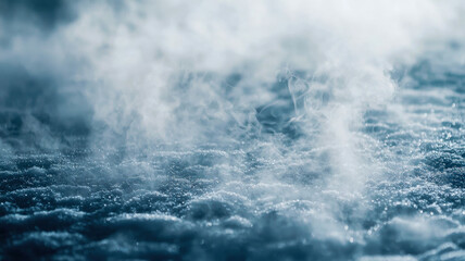 Fototapeta premium A thin layer of foggy smoke interlaced with delicate frost crystals, drifting over a frozen lake, with soft white and light blue hues creating an ethereal winter look.