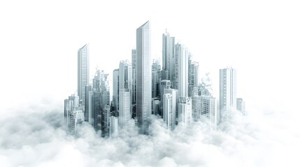 Fototapeta premium Skyscrapers in the clouds, cityscape, skyline, white background, futuristic architecture, city of the future