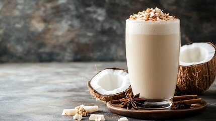 A frothy coconut chai latte with spices, in a cozy café atmosphere