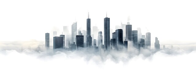 Fototapeta premium Skyscrapers in the clouds, cityscape, skyline, white background, futuristic architecture, city of the future