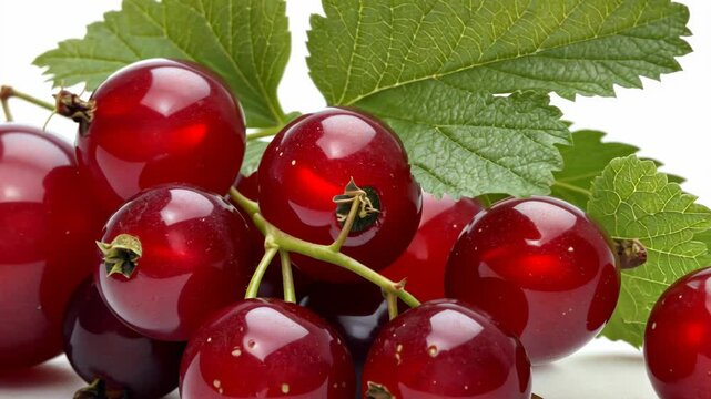 A cluster of ripe red currants with a single green leaf on a white background