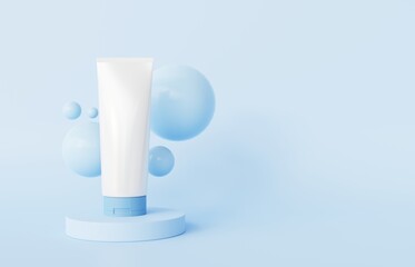 Cream tube on blue background. Cosmetic advertisement. 3d-rendering