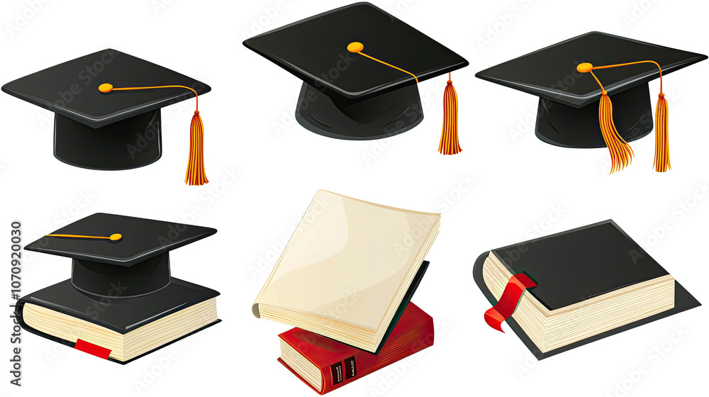 Aufkleber set of graduation caps and books isolated on a transparent background generative ai