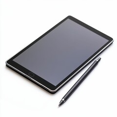 Black tablet and pen on white background.