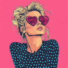 A fashionable woman showcases her unique style with heart sunglasses. Pop art illustration.