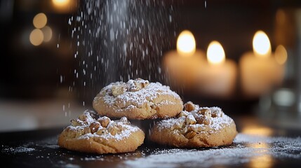 Close-up of freshly baked cookies being dusted with powdered sugar in a warm, inviting setting.